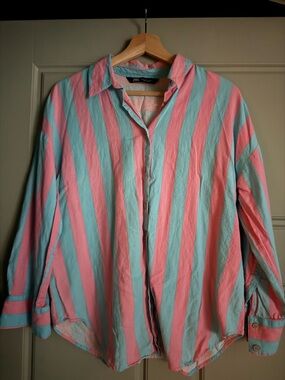 Zara Women's Pink & Aqua Striped Button-Down Shirt